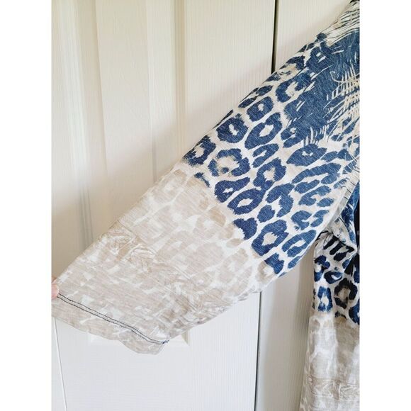 Chico's 3 Cotton T-Shirt Top 3/4 Slv. Tan Blue Peacock Feathers Beaded Cotton - Picture 6 of 7